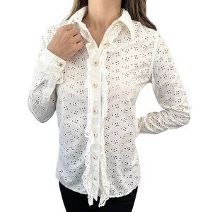 CHANEL Vintage CC Punching Shirt Top Frill Button Up Blouse White [104013]